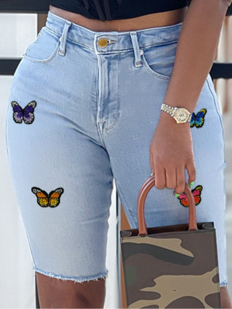 

Lovely Casual High-waisted Butterfly Print Baby Blue Denim Shorts