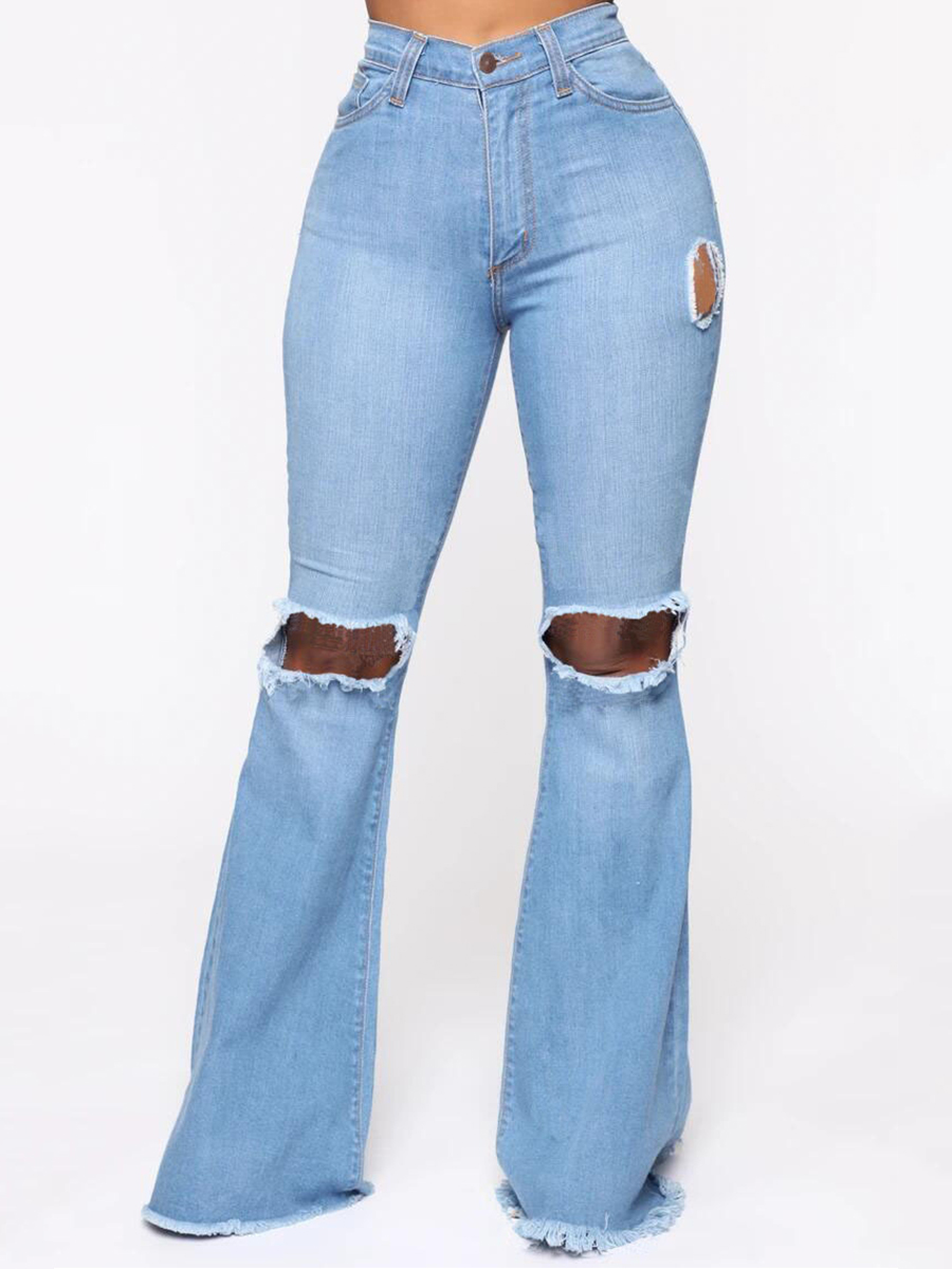 

Lovely Ripped Raw Edge Flared Jeans, Baby blue