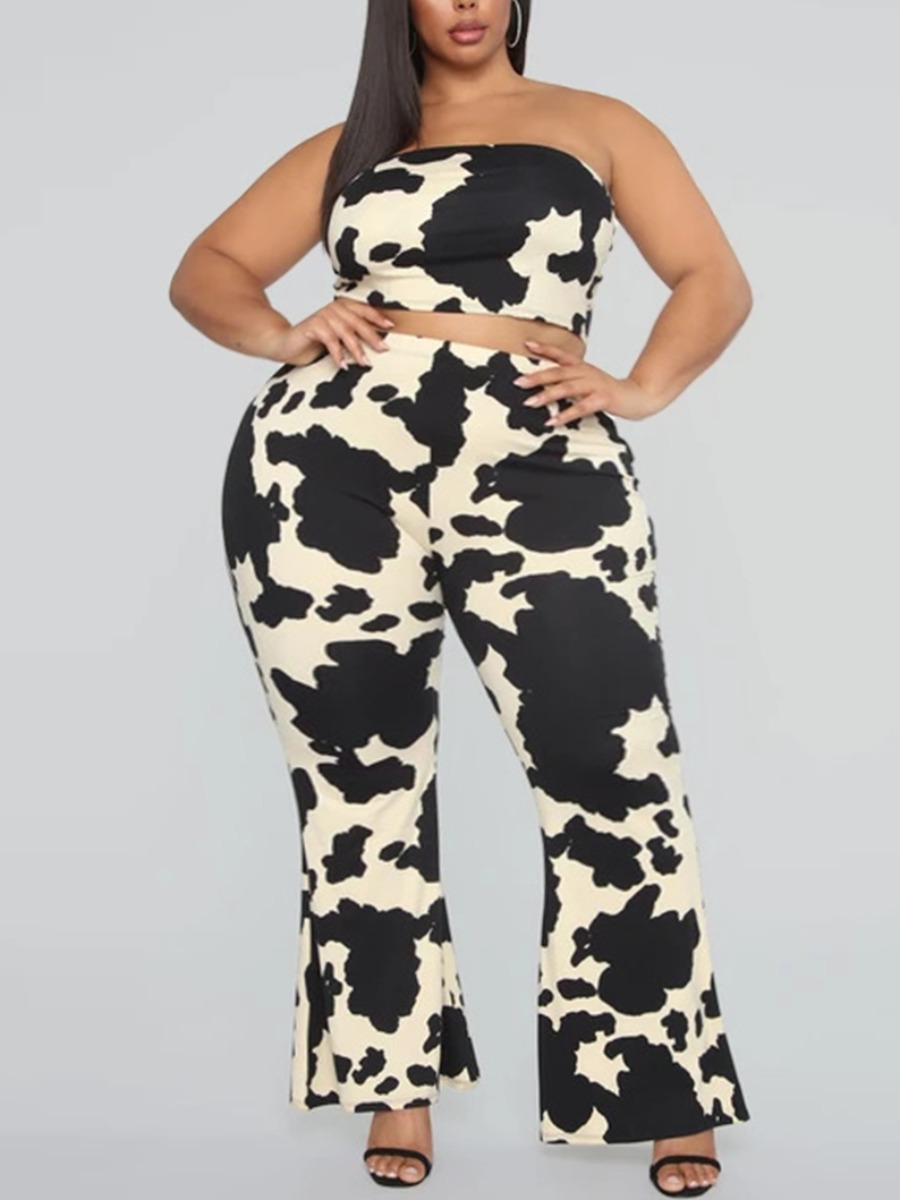 

LW Plus Size Cow Print Flared Two-piece Pants Set, Black