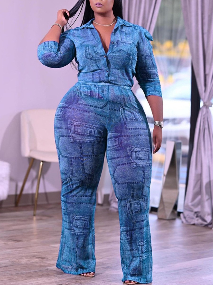 

LW Plus Size Turndown Collar Button Design Two-piece Pants Set, Baby blue
