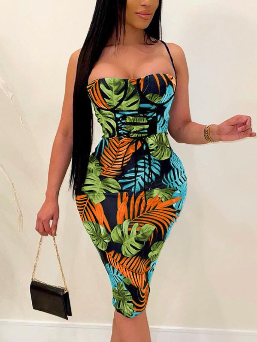 

Lovely Floral Print Cross Strap Bodycon Dress, Orange