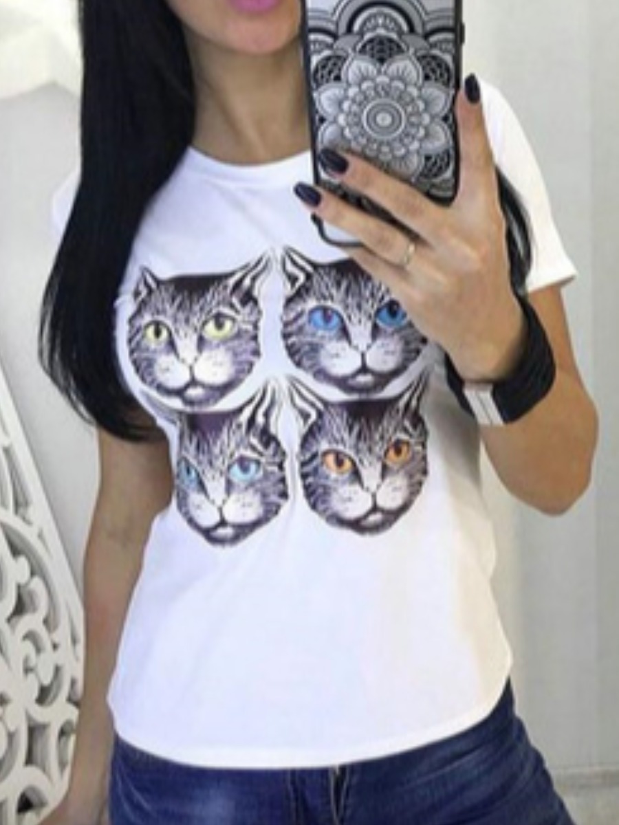 

Lovely Round Neck Cat Print T-shirt, White