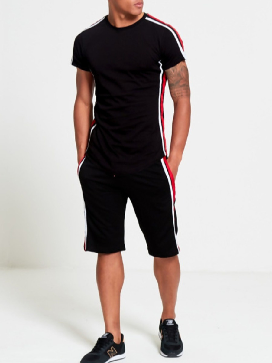 

Lovely Men Round Neck Striped Two Piece Shorts Set, Black