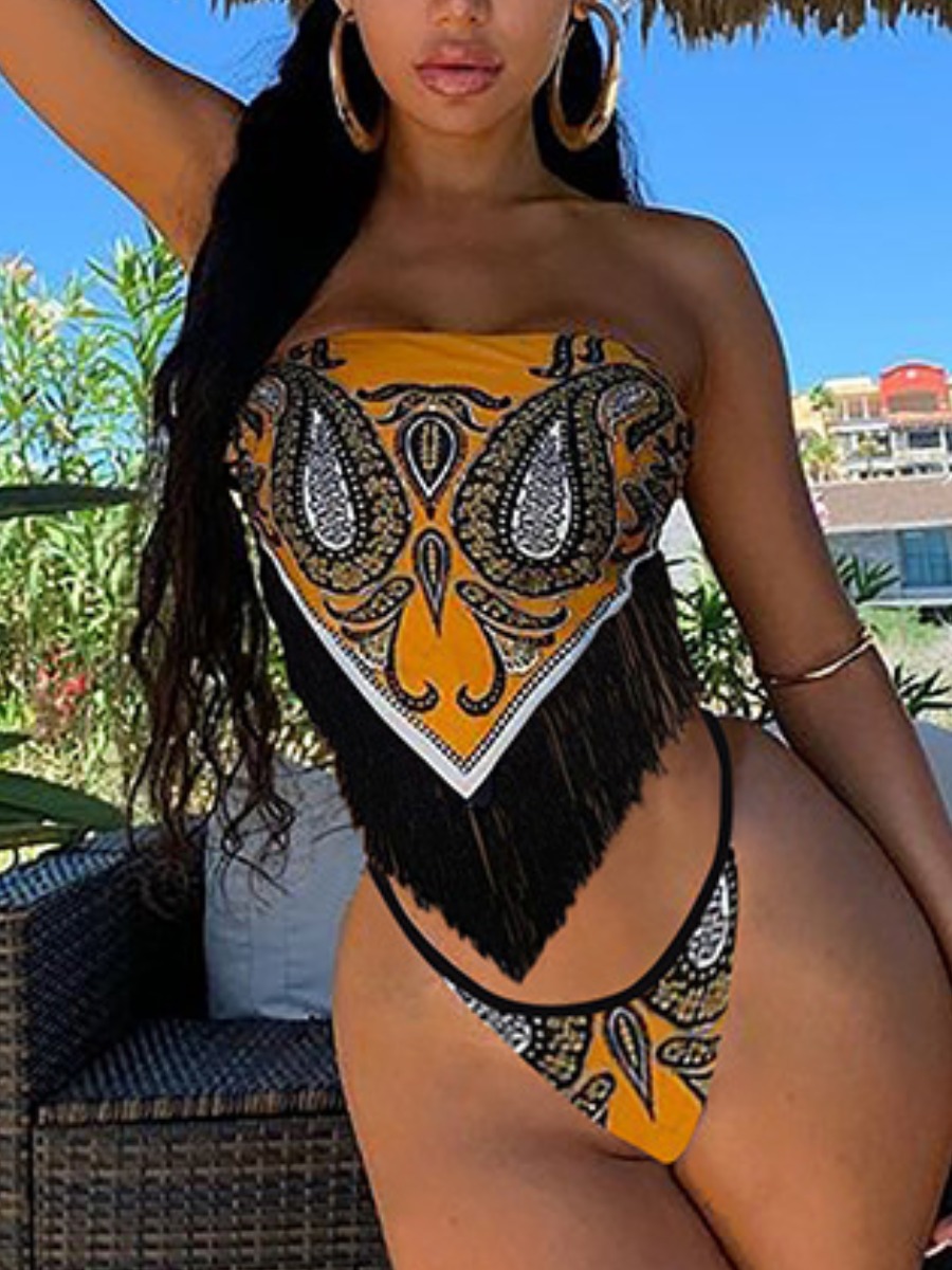 

Lovely Off The Shoulder Cashew Print Two-piece Swimsuit, Yellow