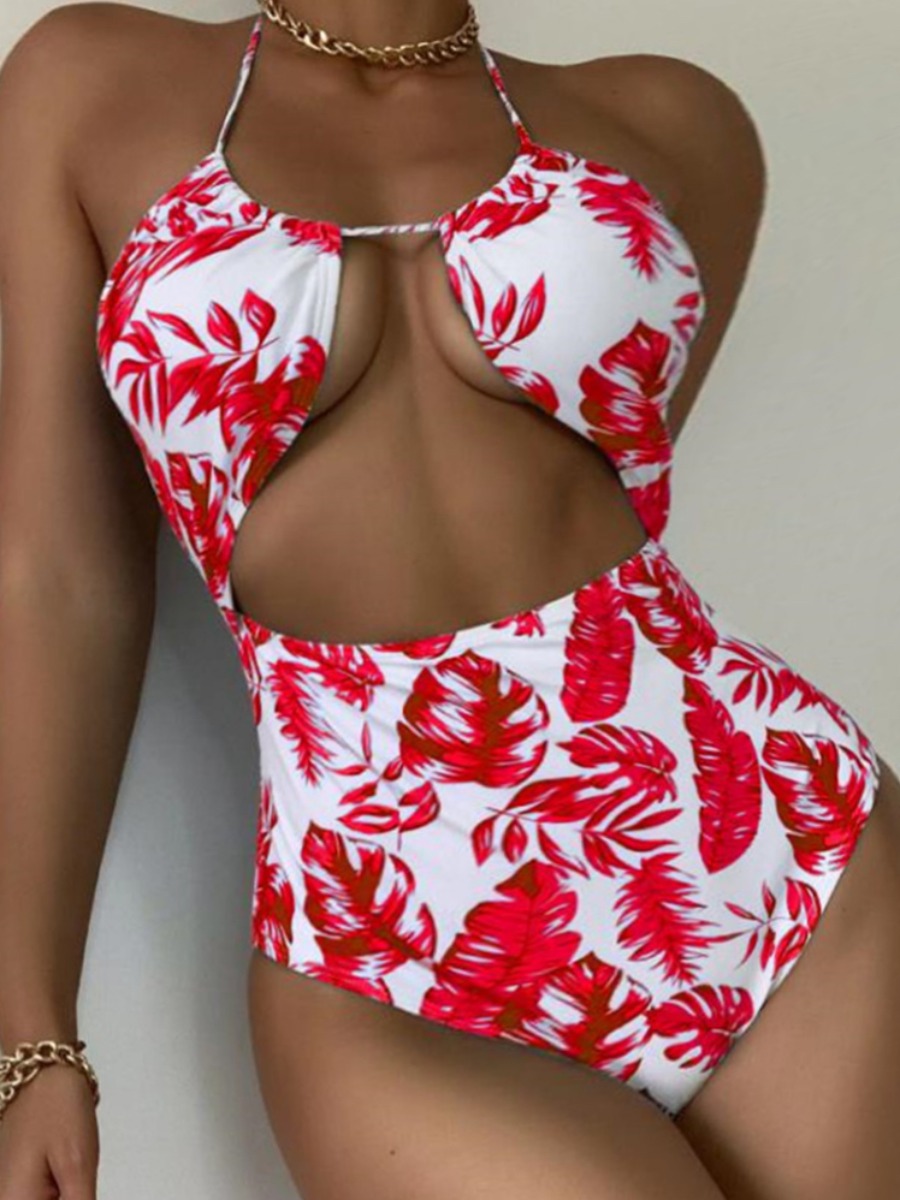 

Lovely Floral Print Hollow-out One-piece Swimsuit, Red
