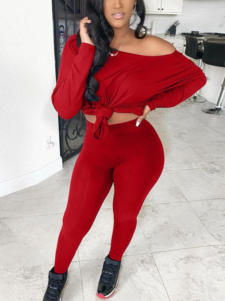 

LW Boat Neck Batwing Sleeve Two Piece Pants Set, Red