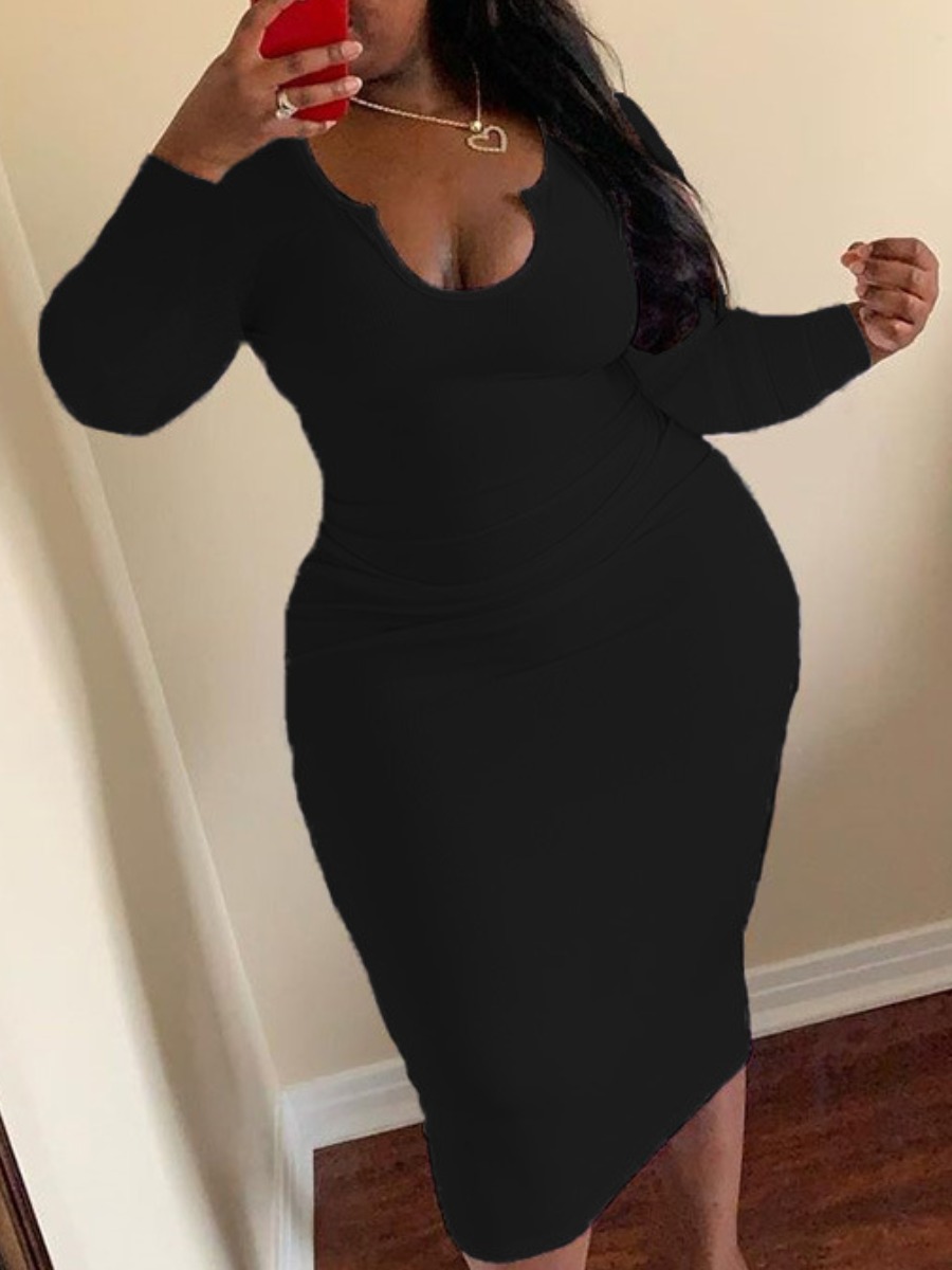 

Lovely Plus Size U Neck Elastic Dress, Black