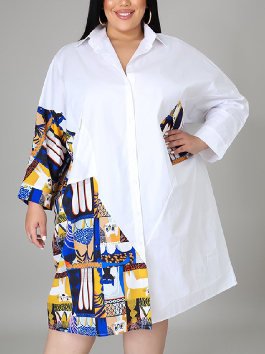 

LW Plus Size Color-lump Patchwork Shirt Dress, White
