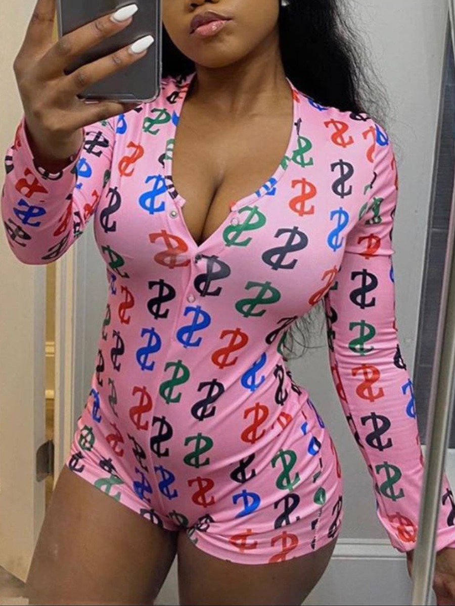 

Lovely V Neck Letter Print One-piece Romper, Pink