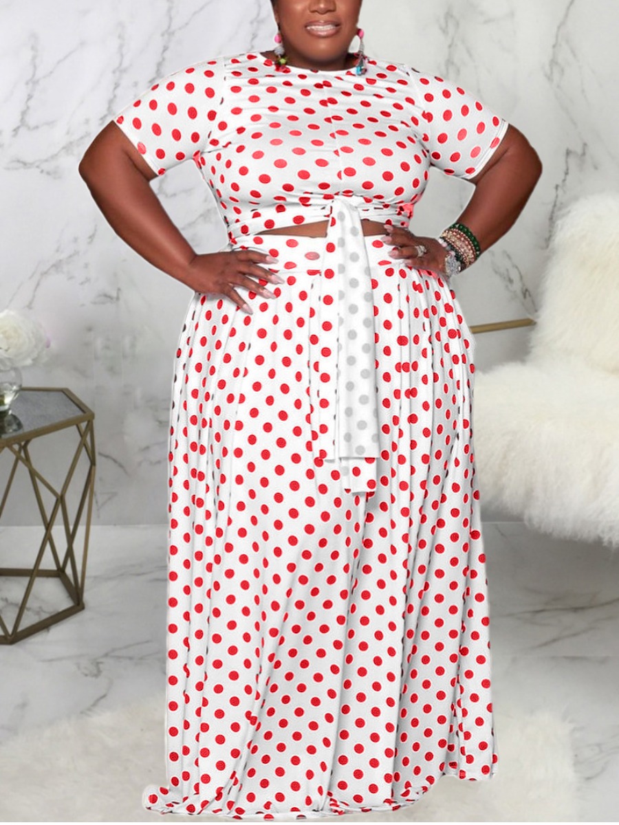 

Lovely Plus Size Polka Dot Bandage Two-piece Skirt Set, Red