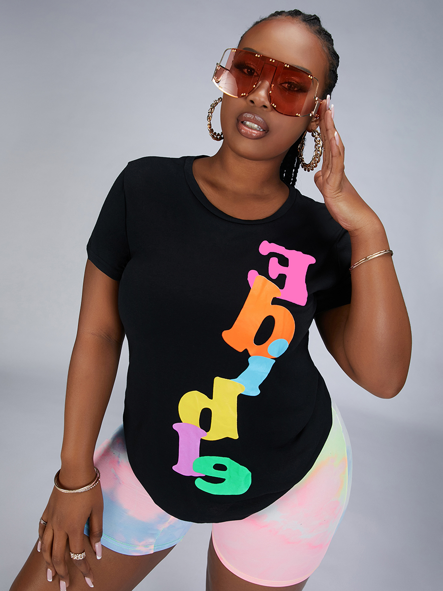 

LW Plus Size Round Neck Letter Print T-shirt, Black