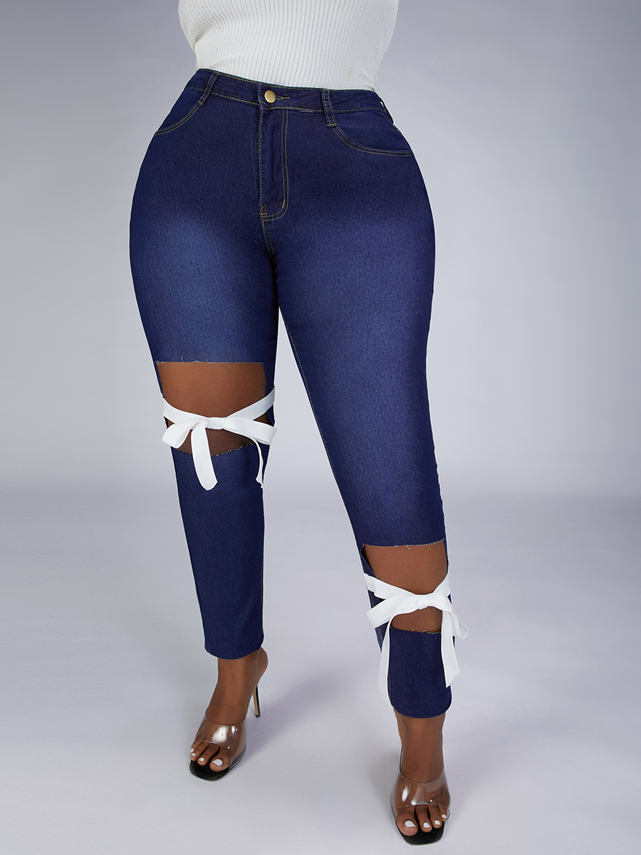 

LW Plus Size Ripped Bandage Design Jeans, Deep blue