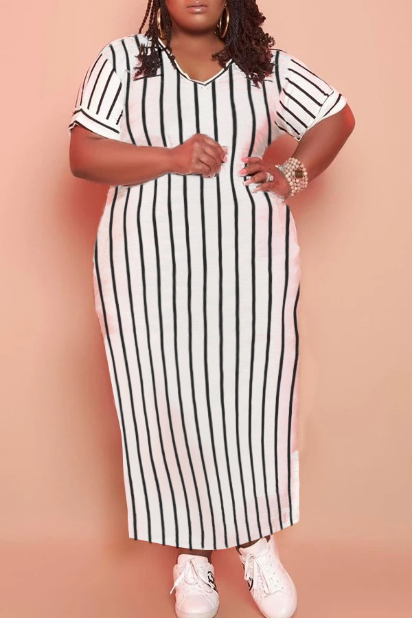 

LW Plus Size Casual V Neck Striped White Ankle Length Dress