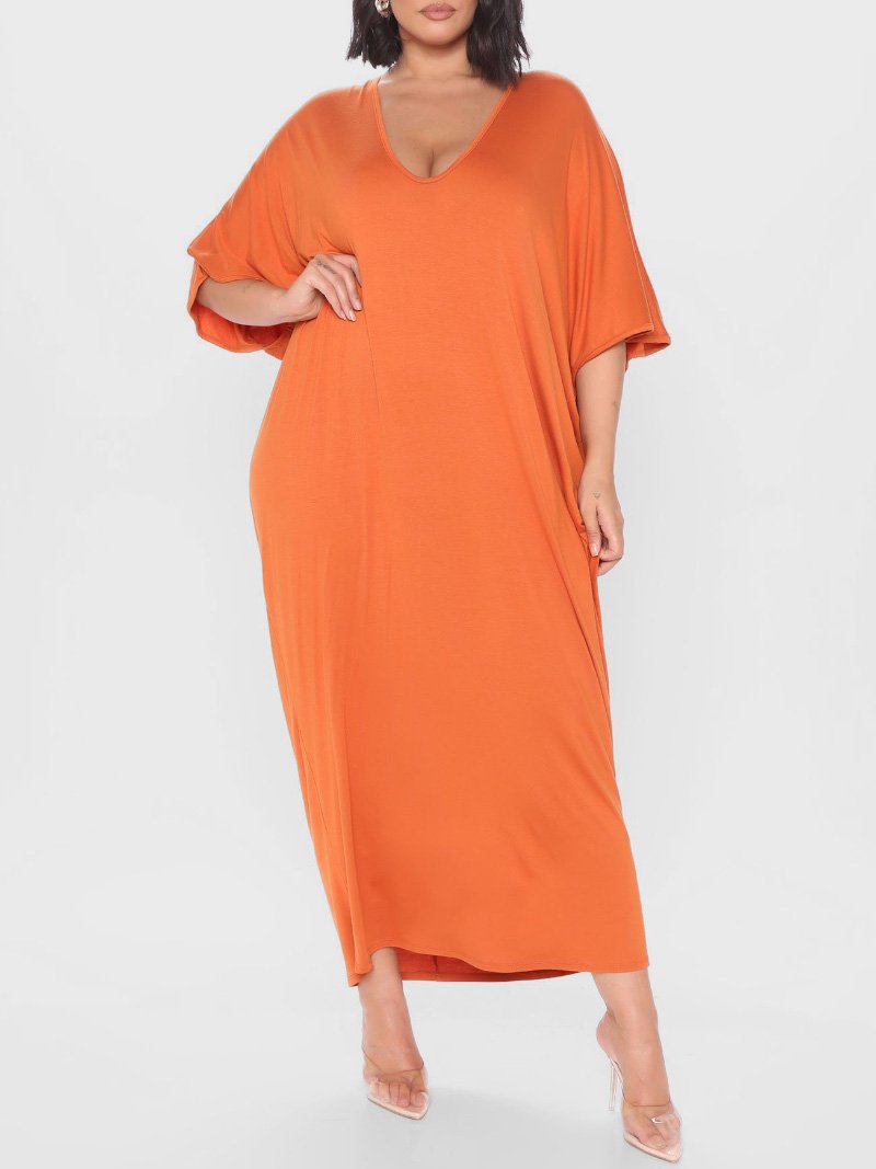 

Lovely Plus Size Casual V Neck Dropped Shoulder Orange Ankle Length Dress