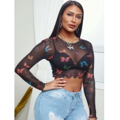 LW SXY Butterfly Print See-through Crop Top Blouse