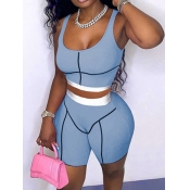 LW Sporty Striped Skinny Blue Two Piece Shorts Set