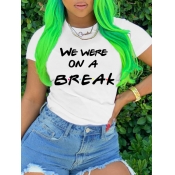 LW Casual Round Neck Letter Print White T-shirt