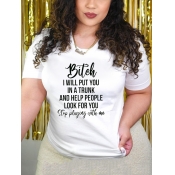 LW Casual Round Neck Letter Print White T-shirt