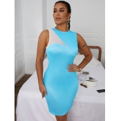 LW Casual Round Neck See-through Blue Knee Length 