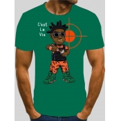 LW Men Casual Cartoon Letter Print Green T-shirt