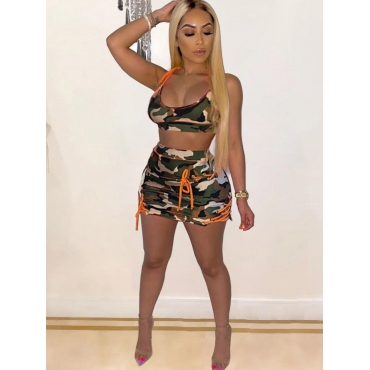 

Lovely Street Camo Print Bandage Design Two Piece Skirt Set, Army green camouflag