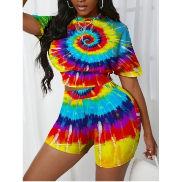 

LW BASICS Casual Round Neck Tie-dye Multicolor Two Piece Shorts Set, Multi