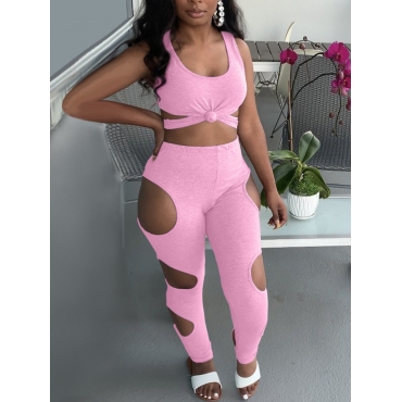 

Lovely Street U Neck Hollow-out Pink Two Piece Pants Set