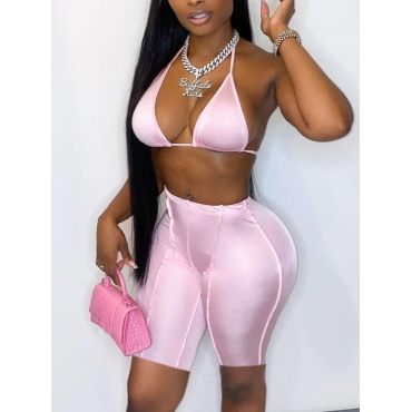 

Lovely Sexy Spaghetti Strap Skinny Pink Two Piece Pants Set