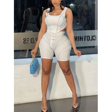 

Lovely Sporty Striped Zipper Design White Two Piece Shorts Set
