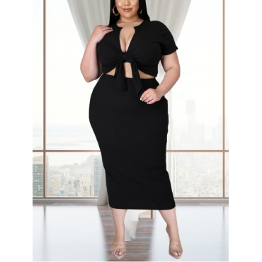 

Lovely Plus Size Casual V Neck Bandage Design Black Mid Calf Dress