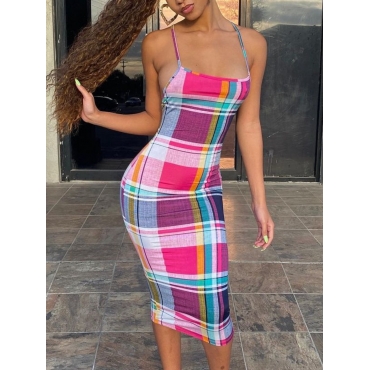 

Lovely Sexy Plaid Print Backless Pink Knee Length Dress