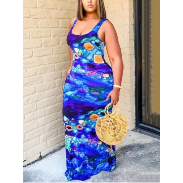 

LW Plus Size Casual U Neck Tie-dye Deep Blue Floor Length Dress