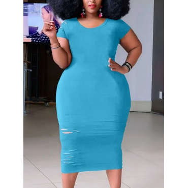 

Lovely Plus Size Casual Round Neck Hollow-out Baby Blue Mid Calf Dress