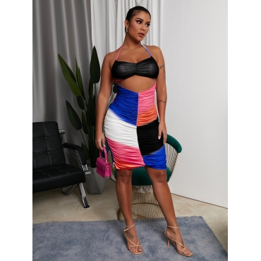 

Lovely Sexy Hollow-out Fold Design Multicolor Mini Dress, Multi