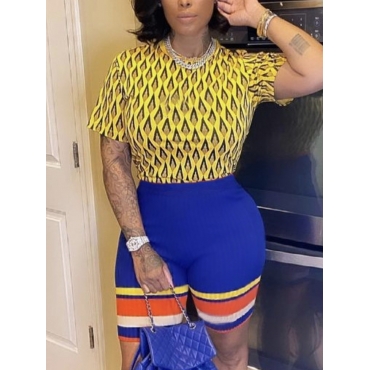 

Lovely Casual Round Neck Print Striped Yellow Two Piece Shorts Set