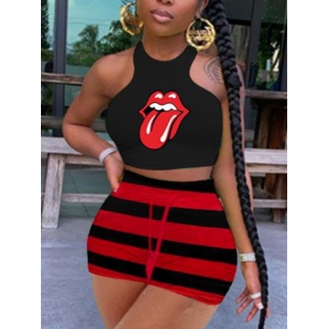 

Lovely Sporty Lip Print Striped Red Two Piece Shorts Set