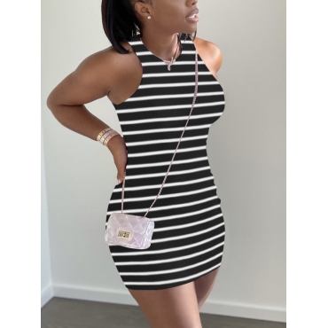 

Lovely Casual Round Neck Striped Black Mini Dress