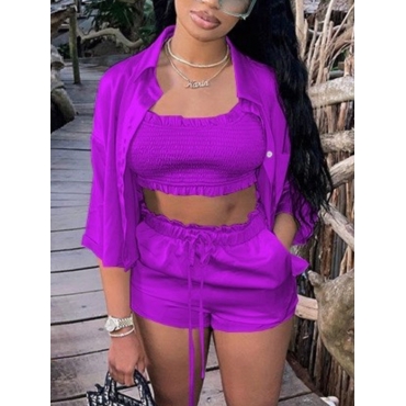 

LW Street Turndown Collar Drawstring Purple Three Piece Shorts Set