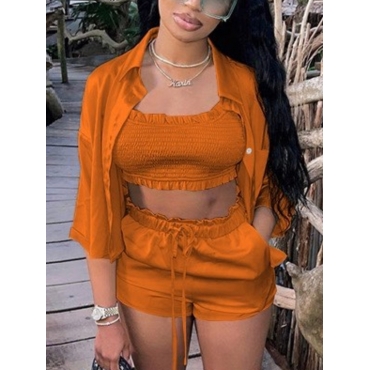 

LW Street Turndown Collar Drawstring Jacinth Three Piece Shorts Set