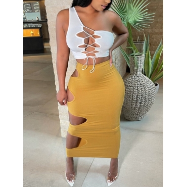 

LW Sexy One Shoulder Bandage Hollow-out Design Yellow Two Piece Skirt Set