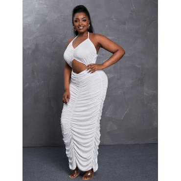 

Lovely Plus Size Street Ruched Hollow-out Slit White Ankle Length Dress