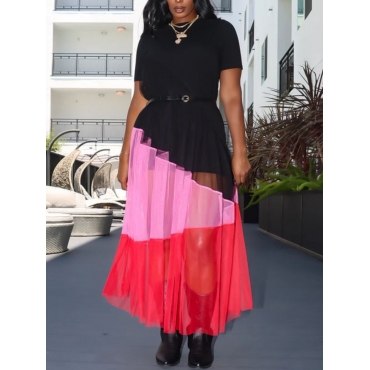 

Lovely Boho Color-lump See-through Fold Design Ankle Length Dress (Without Belt), Black