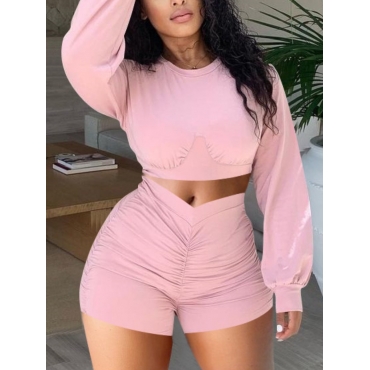 

LW Street Round Neck Ruched Pink Two Piece Shorts Set