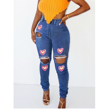 

LW Street Heart Print Ripped Blue Jeans