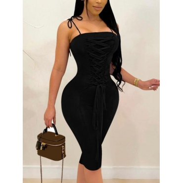 

Lovely Street Bandage Design Skinny Black Knee Length Dress