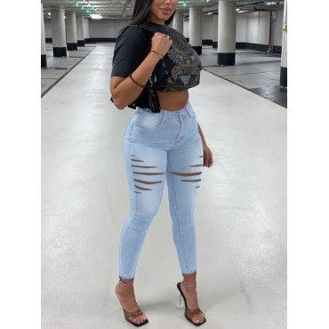 

LW Casual High-waisted Ripped Baby Blue Jeans