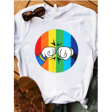 

Lovely Plus Size Casual Cartoon Print Patchwork White T-shirt