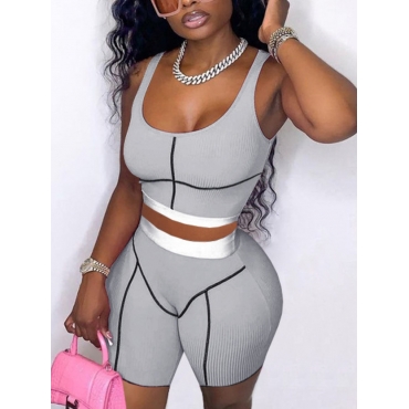 

LW Sporty U Neck Striped Grey Two Piece Shorts Set