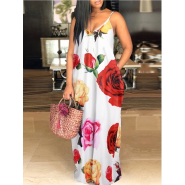 

Lovely Casual Floral Print Pocket Design White Floor Length Dress