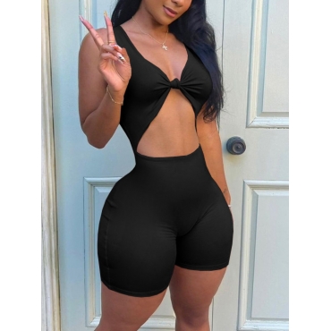 

LW SXY Hollow-out Knot Design Black One-piece Romper
